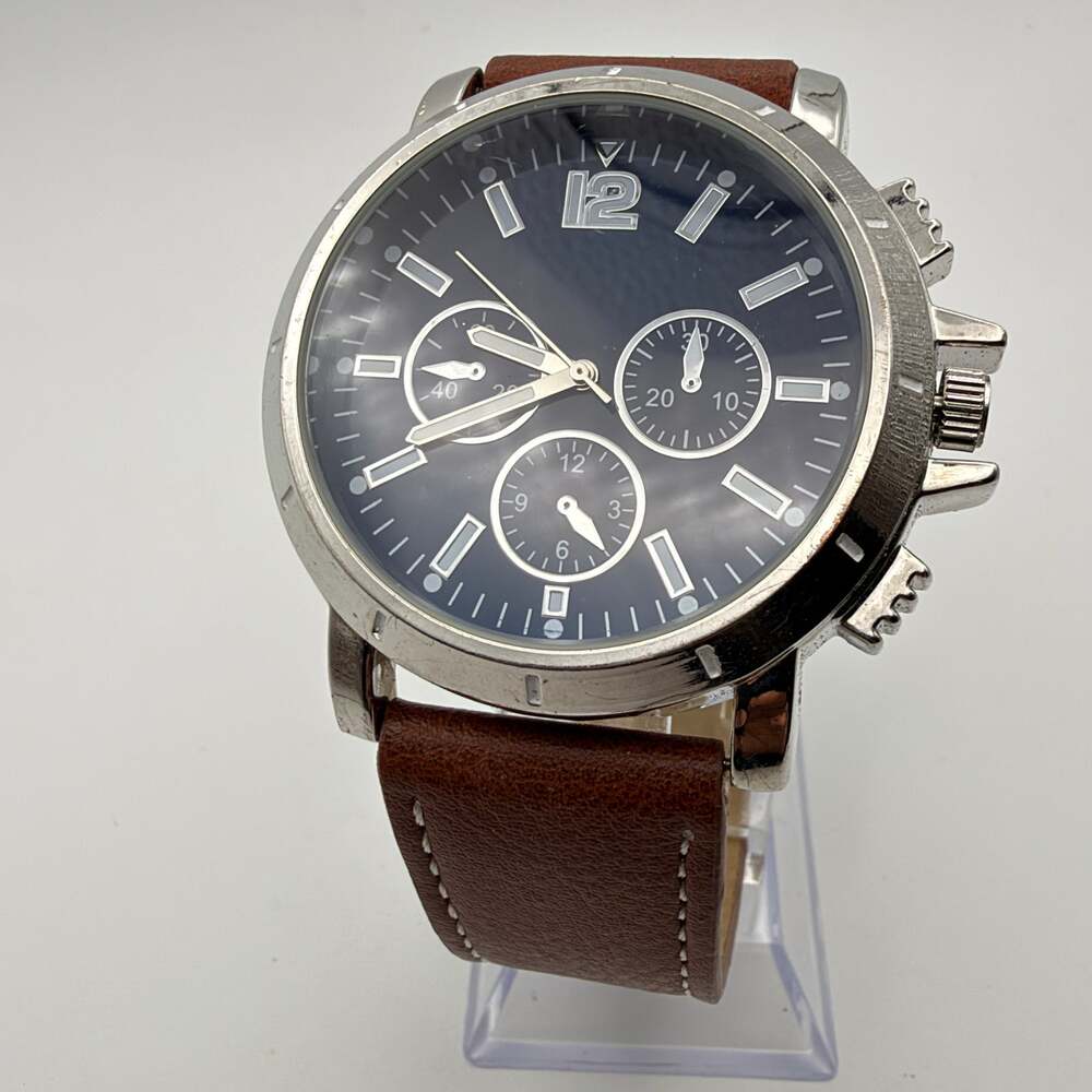 Accutime Men's Quartz Watch Blue Dial Chronograph Brown Leather Strap